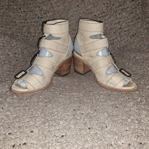 FREEBIRD BY STEVEN-Quail-Beige Leather Sandals Gladiator Wood Heel-Sz6-Excellent - Picture 5 of 9